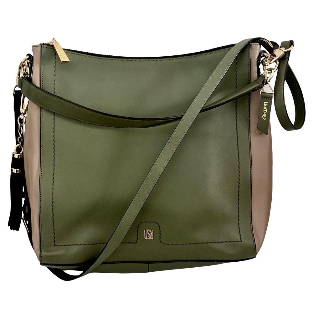 Antonio Melani Olive Green Taupe Leather Hobo Bag Gold Hardware Tassel